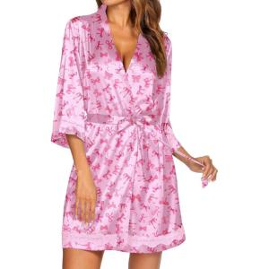 image:imageEkouaer Womens LaceTrim Silk Robes Bride Bridesmaid Kimono Satin Bathrobe V Neck Sleepwear with 34 SleevePink Bowknot