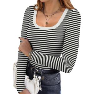 image:imageEkouaer Womens Long Sleeve Shirts Square Neck Slim Fit Basic Tops Ribbed Thermal Undershirts Layering TeeBlack White Stripe