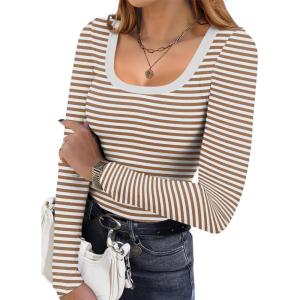 image:imageEkouaer Womens Long Sleeve Shirts Square Neck Slim Fit Basic Tops Ribbed Thermal Undershirts Layering TeeWhite Brown Stripe