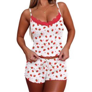 image:imageEkouaer Womens Pajama Sets 2 Piece Sexy Lingerie Sleepwear with Pockets Lightweight Lace Cami Shorts Adjustable Straps PjsStrawberry