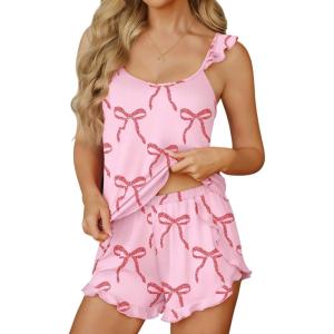 image:imageEkouaer Womens Pajama Sets Ruffle Cami Top and Shorts 2 Piece Lounge Set Sleepwear Summer Comfy Cute Bridal Pajama for WomenBow