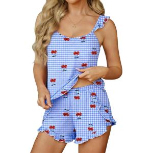 image:imageEkouaer Womens Pajama Sets Ruffle Cami Top and Shorts 2 Piece Lounge Set Sleepwear Summer Comfy Cute Bridal Pajama for WomenGingham Cherry