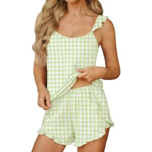 image:imageEkouaer Womens Pajama Sets Ruffle Cami Top and Shorts 2 Piece Lounge Set Sleepwear Summer Comfy Cute Bridal Pajama for WomenGingham Green
