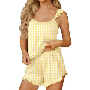 image:imageEkouaer Womens Pajama Sets Ruffle Cami Top and Shorts 2 Piece Lounge Set Sleepwear Summer Comfy Cute Bridal Pajama for WomenGingham Yellow