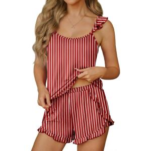 image:imageEkouaer Womens Pajama Sets Ruffle Cami Top and Shorts 2 Piece Lounge Set Sleepwear Summer Comfy Cute Bridal Pajama for WomenRed White Stripe