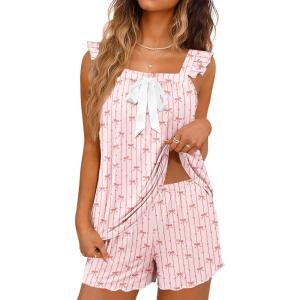 image:imageEkouaer Womens Pajamas Sets 2 Piece Ruffle Bow Tank Top and Shorts Pjs Soft Bridal Pajama Cute Sleepwear Set XS2XLHeart Bow Pink