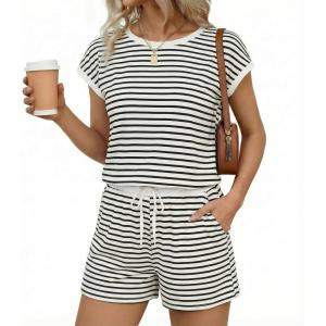 image:imageEkouaer Womens Rompers for Summer Casual One Piece Short Jumpsuit 2026 Striped Cap Sleeve Beach Clothes Travel OutfitsBeige Striped