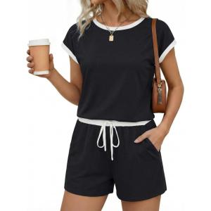 image:imageEkouaer Womens Rompers for Summer Casual One Piece Short Jumpsuit 2026 Striped Cap Sleeve Beach Clothes Travel OutfitsBlack