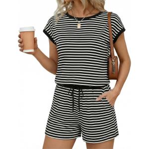 image:imageEkouaer Womens Rompers for Summer Casual One Piece Short Jumpsuit 2026 Striped Cap Sleeve Beach Clothes Travel OutfitsBlack Striped