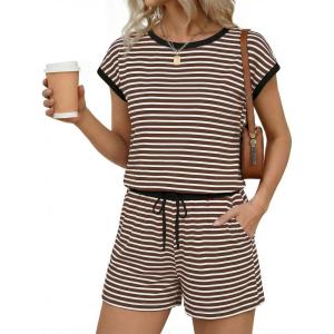 image:imageEkouaer Womens Rompers for Summer Casual One Piece Short Jumpsuit 2026 Striped Cap Sleeve Beach Clothes Travel OutfitsBrown Striped