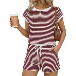 image:imageEkouaer Womens Rompers for Summer Casual One Piece Short Jumpsuit 2026 Striped Cap Sleeve Beach Clothes Travel OutfitsDark Red Striped