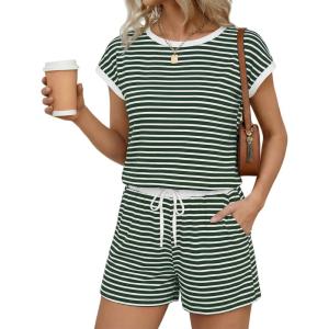 image:imageEkouaer Womens Rompers for Summer Casual One Piece Short Jumpsuit 2026 Striped Cap Sleeve Beach Clothes Travel OutfitsGreen Striped
