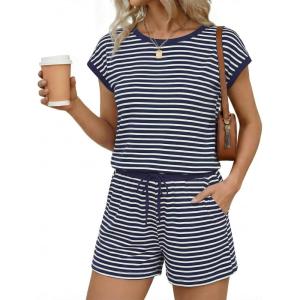 image:imageEkouaer Womens Rompers for Summer Casual One Piece Short Jumpsuit 2026 Striped Cap Sleeve Beach Clothes Travel OutfitsNavy Blue Striped