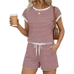 image:imageEkouaer Womens Rompers for Summer Casual One Piece Short Jumpsuit 2026 Striped Cap Sleeve Beach Clothes Travel OutfitsPink Striped
