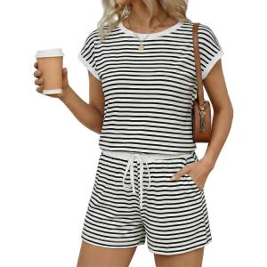 image:imageEkouaer Womens Rompers for Summer Casual One Piece Short Jumpsuit 2026 Striped Cap Sleeve Beach Clothes Travel OutfitsWhite Striped