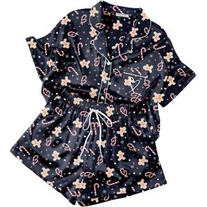 image:imageEkouaer Womens Silk Satin Pajama Set 2 Piece Heart Embroidery Short Sleeve Button Down Pjs Set for Bridal PartyBlack Christmas