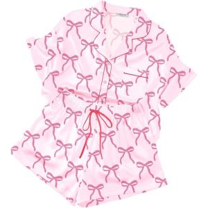 image:imageEkouaer Womens Silk Satin Pajama Set 2 Piece Heart Embroidery Short Sleeve Button Down Pjs Set for Bridal PartyBow Pink