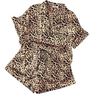 image:imageEkouaer Womens Silk Satin Pajama Set 2 Piece Heart Embroidery Short Sleeve Button Down Pjs Set for Bridal PartyBrown Leopard