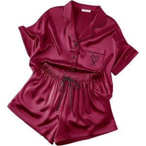 image:imageEkouaer Womens Silk Satin Pajama Set 2 Piece Heart Embroidery Short Sleeve Button Down Pjs Set for Bridal PartyBurgundy