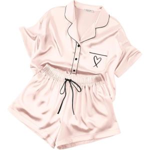 image:imageEkouaer Womens Silk Satin Pajama Set 2 Piece Heart Embroidery Short Sleeve Button Down Pjs Set for Bridal PartyChampagne