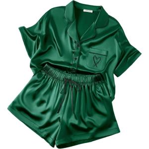image:imageEkouaer Womens Silk Satin Pajama Set 2 Piece Heart Embroidery Short Sleeve Button Down Pjs Set for Bridal PartyDark Green