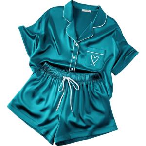 image:imageEkouaer Womens Silk Satin Pajama Set 2 Piece Heart Embroidery Short Sleeve Button Down Pjs Set for Bridal PartyGreen