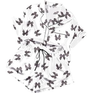 image:imageEkouaer Womens Silk Satin Pajama Set 2 Piece Heart Embroidery Short Sleeve Button Down Pjs Set for Bridal PartyLeopard Bow