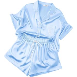 image:imageEkouaer Womens Silk Satin Pajama Set 2 Piece Heart Embroidery Short Sleeve Button Down Pjs Set for Bridal PartyLight Blue