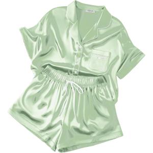 image:imageEkouaer Womens Silk Satin Pajama Set 2 Piece Heart Embroidery Short Sleeve Button Down Pjs Set for Bridal PartyLight Green