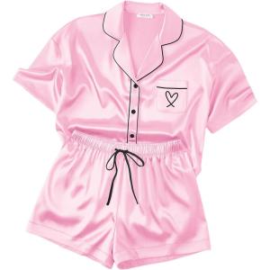 image:imageEkouaer Womens Silk Satin Pajama Set 2 Piece Heart Embroidery Short Sleeve Button Down Pjs Set for Bridal PartyLight Pink