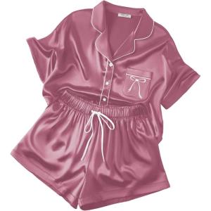 image:imageEkouaer Womens Silk Satin Pajama Set 2 Piece Heart Embroidery Short Sleeve Button Down Pjs Set for Bridal PartyMuted Pink