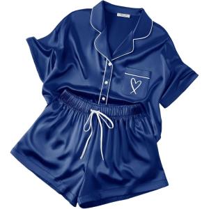 image:imageEkouaer Womens Silk Satin Pajama Set 2 Piece Heart Embroidery Short Sleeve Button Down Pjs Set for Bridal PartyNavy Blue