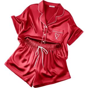 image:imageEkouaer Womens Silk Satin Pajama Set 2 Piece Heart Embroidery Short Sleeve Button Down Pjs Set for Bridal PartyRed