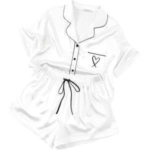 image:imageEkouaer Womens Silk Satin Pajama Set 2 Piece Heart Embroidery Short Sleeve Button Down Pjs Set for Bridal PartyWhite