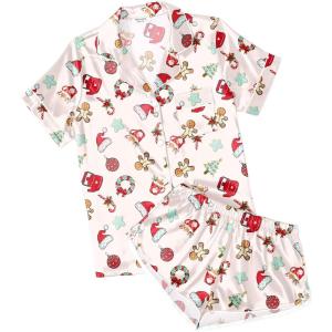 image:imageEkouaer Womens Silk Satin Pajamas Short Sleeve PJS Shorts Set Soft Button Down Sleepwear 2 Piece Loungewear S5XLBeige Christmas Gingerbread