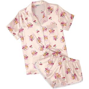 image:imageEkouaer Womens Silk Satin Pajamas Short Sleeve PJS Shorts Set Soft Button Down Sleepwear 2 Piece Loungewear S5XLBeige Teddy Bear