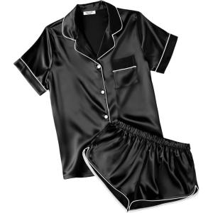 image:imageEkouaer Womens Silk Satin Pajamas Short Sleeve PJS Shorts Set Soft Button Down Sleepwear 2 Piece Loungewear S5XLBlack