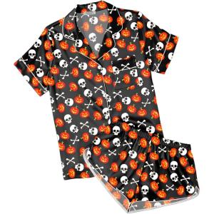 image:imageEkouaer Womens Silk Satin Pajamas Short Sleeve PJS Shorts Set Soft Button Down Sleepwear 2 Piece Loungewear S5XLBlack Halloween Print