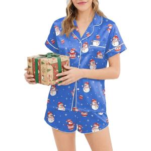 image:imageEkouaer Womens Silk Satin Pajamas Short Sleeve PJS Shorts Set Soft Button Down Sleepwear 2 Piece Loungewear S5XLBlue Christmas Snowman