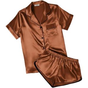 image:imageEkouaer Womens Silk Satin Pajamas Short Sleeve PJS Shorts Set Soft Button Down Sleepwear 2 Piece Loungewear S5XLCaramel