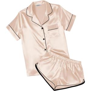 image:imageEkouaer Womens Silk Satin Pajamas Short Sleeve PJS Shorts Set Soft Button Down Sleepwear 2 Piece Loungewear S5XLChampagne