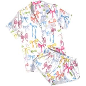 image:imageEkouaer Womens Silk Satin Pajamas Short Sleeve PJS Shorts Set Soft Button Down Sleepwear 2 Piece Loungewear S5XLColorful Bow Print
