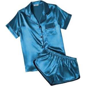 image:imageEkouaer Womens Silk Satin Pajamas Short Sleeve PJS Shorts Set Soft Button Down Sleepwear 2 Piece Loungewear S5XLDark Blue