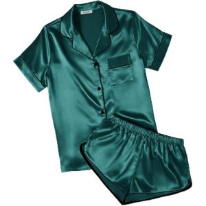 image:imageEkouaer Womens Silk Satin Pajamas Short Sleeve PJS Shorts Set Soft Button Down Sleepwear 2 Piece Loungewear S5XLDark Green