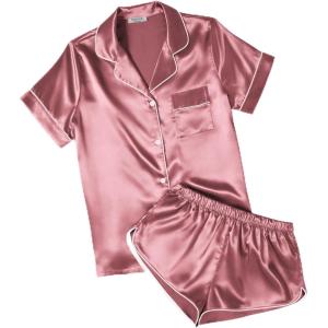 image:imageEkouaer Womens Silk Satin Pajamas Short Sleeve PJS Shorts Set Soft Button Down Sleepwear 2 Piece Loungewear S5XLDusty Rose