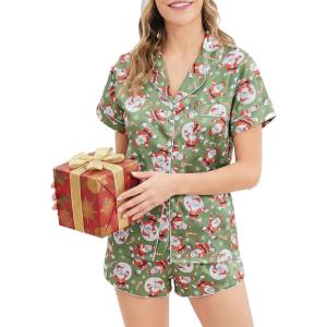 image:imageEkouaer Womens Silk Satin Pajamas Short Sleeve PJS Shorts Set Soft Button Down Sleepwear 2 Piece Loungewear S5XLGreen Christmas Snowman
