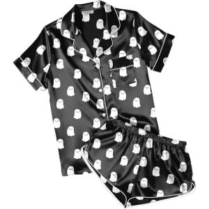 image:imageEkouaer Womens Silk Satin Pajamas Short Sleeve PJS Shorts Set Soft Button Down Sleepwear 2 Piece Loungewear S5XLHalloween Ghost Print