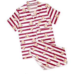 image:imageEkouaer Womens Silk Satin Pajamas Short Sleeve PJS Shorts Set Soft Button Down Sleepwear 2 Piece Loungewear S5XLKhaki Red Striped Teddy Bear