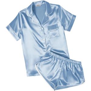 image:imageEkouaer Womens Silk Satin Pajamas Short Sleeve PJS Shorts Set Soft Button Down Sleepwear 2 Piece Loungewear S5XLLight Blue