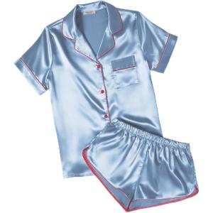 image:imageEkouaer Womens Silk Satin Pajamas Short Sleeve PJS Shorts Set Soft Button Down Sleepwear 2 Piece Loungewear S5XLLight Blue With Red Piping